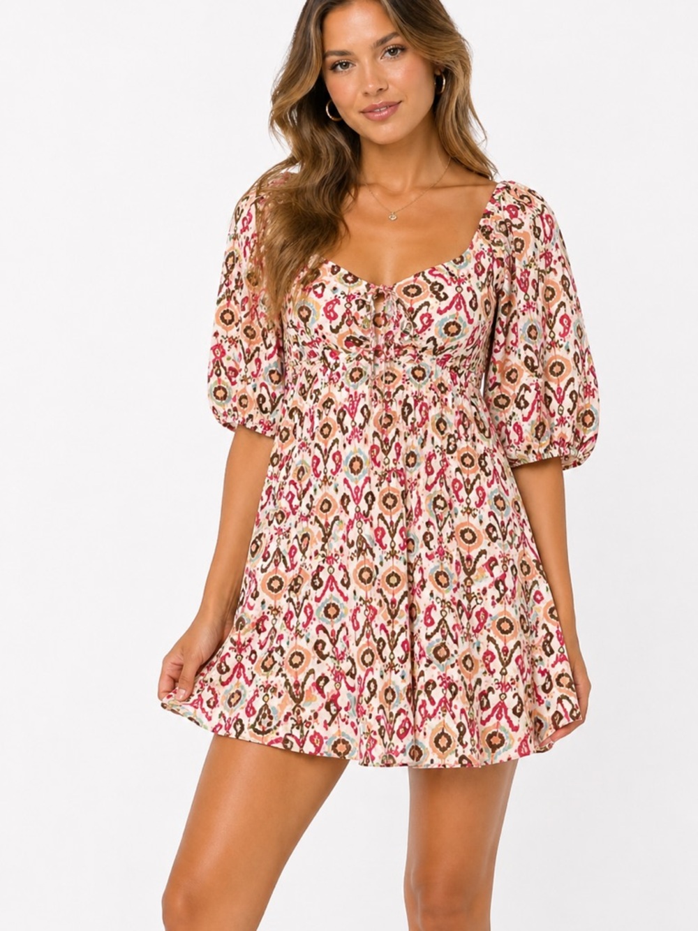 EUC Entro Fall Print Babydoll Back Tie and Elastic Flowy dress Size medium‎